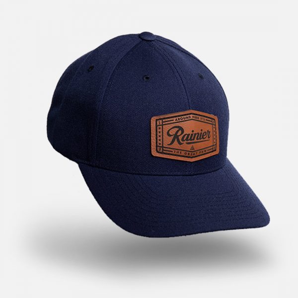 Navy hat with a Rainier leatherette patch