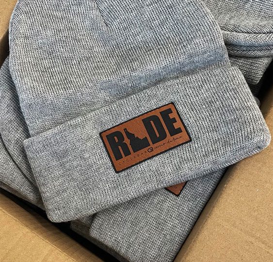 Gray beanies with Ride leather patches